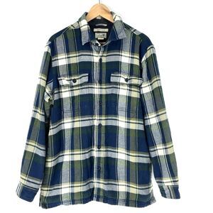 LL Bean Fleece Lined Flannel Jacket Size Medium Mens Navy Green Plaid Hiking